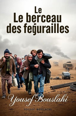 A dramatic book cover depicting themes of war and refugees