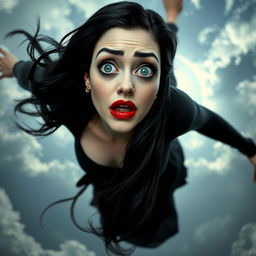 Morticia Addams, featuring stunning blue eyes and vibrant red lips, dramatically falling from the sky