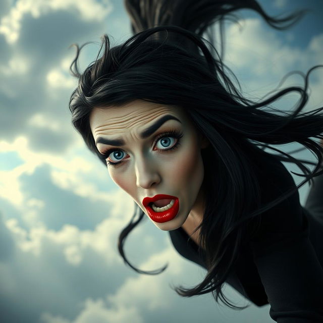 Morticia Addams, featuring stunning blue eyes and vibrant red lips, dramatically falling from the sky