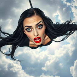 Morticia Addams, featuring stunning blue eyes and vibrant red lips, dramatically falling from the sky