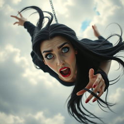 Morticia Addams, featuring stunning blue eyes and vibrant red lips, dramatically falling from the sky
