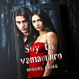 A striking book cover for a vampire story depicting a young man with long, straight black hair and a piercing gaze, his red eyes capturing attention