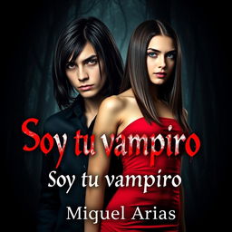 A striking book cover for a vampire story depicting a young man with long, straight black hair and a piercing gaze, his red eyes capturing attention