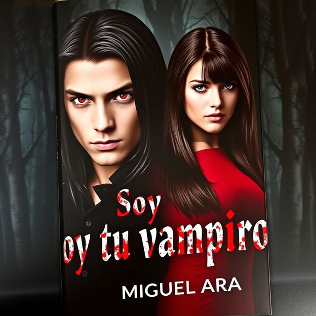 A striking book cover for a vampire story depicting a young man with long, straight black hair and a piercing gaze, his red eyes capturing attention