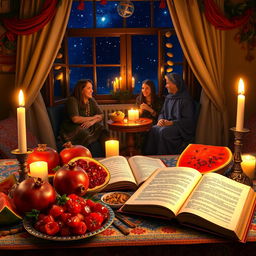 A beautiful Yalda Night scene featuring a cozy atmosphere with a traditional Persian table laid out with delicious fruits like pomegranates, watermelon, and nuts