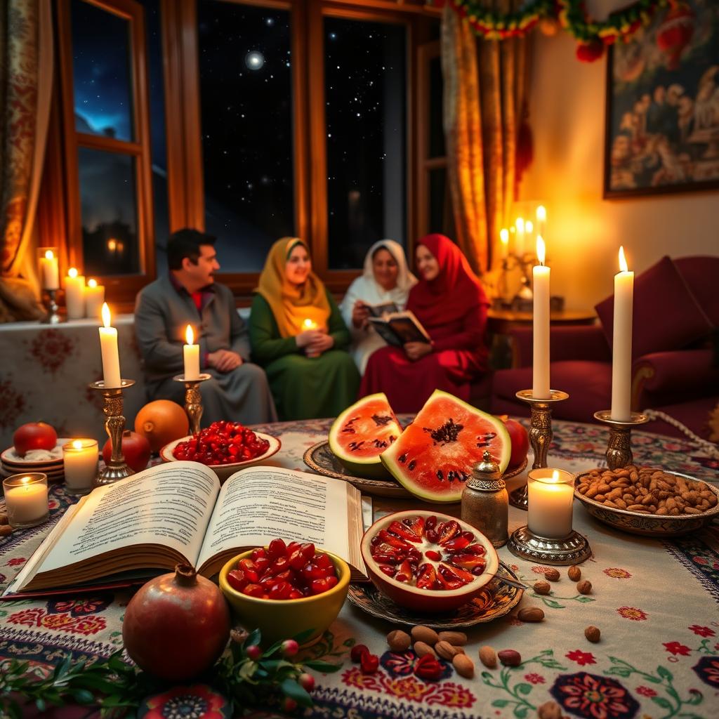 A beautiful Yalda Night scene featuring a cozy atmosphere with a traditional Persian table laid out with delicious fruits like pomegranates, watermelon, and nuts