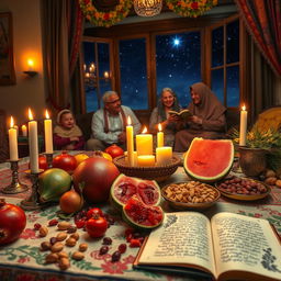 A beautiful Yalda Night scene featuring a cozy atmosphere with a traditional Persian table laid out with delicious fruits like pomegranates, watermelon, and nuts