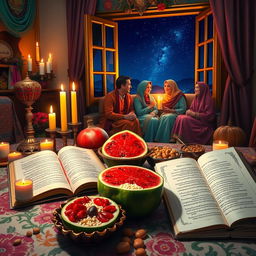 A beautiful Yalda Night scene featuring a cozy atmosphere with a traditional Persian table laid out with delicious fruits like pomegranates, watermelon, and nuts