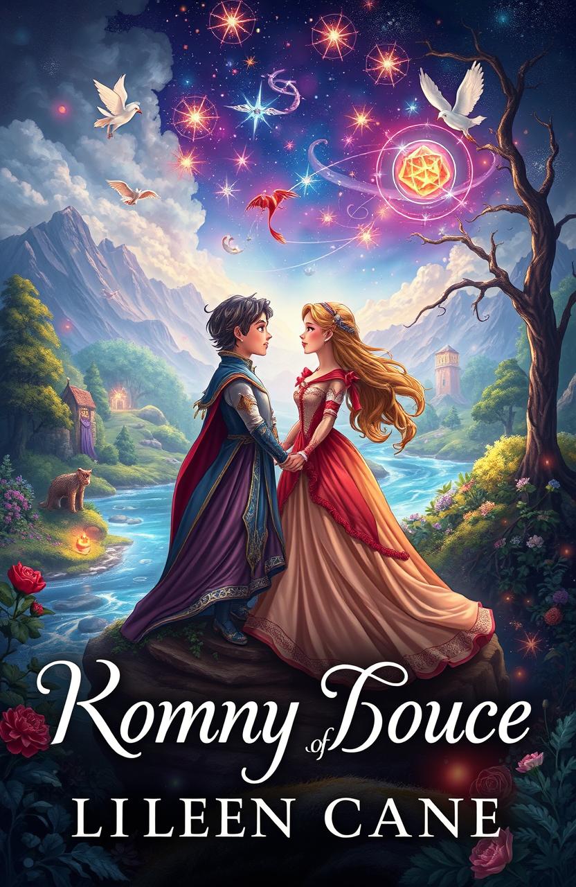 A book cover illustration featuring a romantic fantasy scene of a couple transported to a magical world