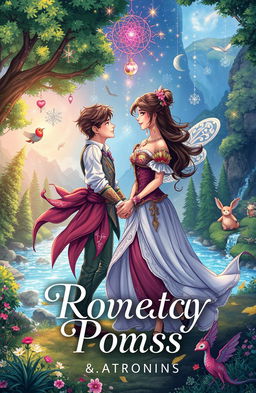 A book cover illustration featuring a romantic fantasy scene of a couple transported to a magical world