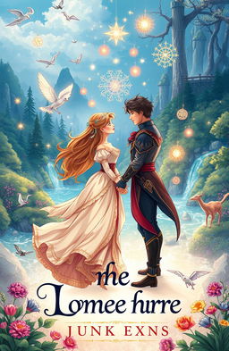 A book cover illustration featuring a romantic fantasy scene of a couple transported to a magical world