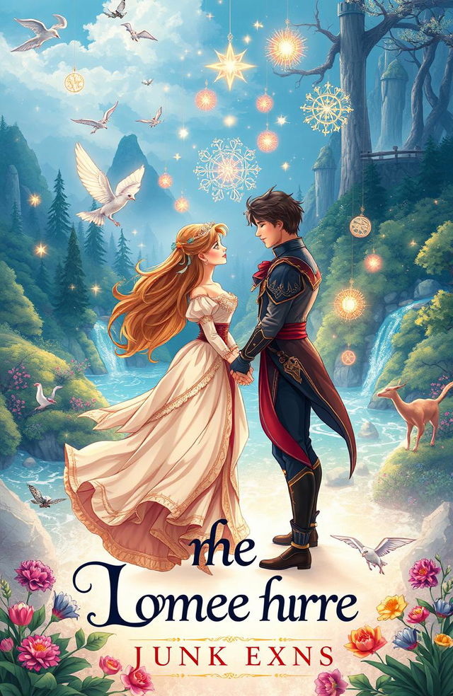 A book cover illustration featuring a romantic fantasy scene of a couple transported to a magical world