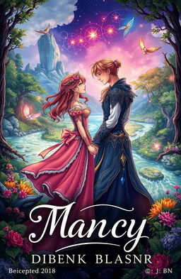 A book cover illustration featuring a romantic fantasy scene of a couple transported to a magical world