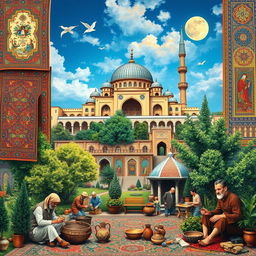 A vibrant and rich depiction of Iranian arts encompassing traditional Persian elements