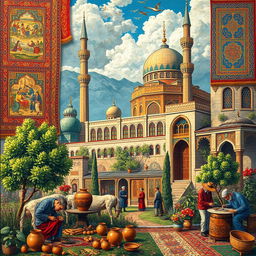 A vibrant and rich depiction of Iranian arts encompassing traditional Persian elements