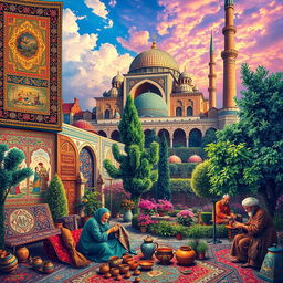 A vibrant and rich depiction of Iranian arts encompassing traditional Persian elements