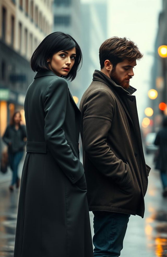 A poignant scene of a couple standing apart on a rainy street, expressing the bittersweet emotions of parting for good