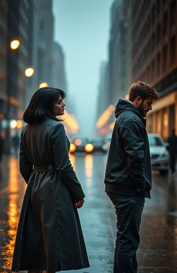 A poignant scene of a couple standing apart on a rainy street, expressing the bittersweet emotions of parting for good