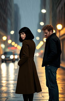 A poignant scene of a couple standing apart on a rainy street, expressing the bittersweet emotions of parting for good