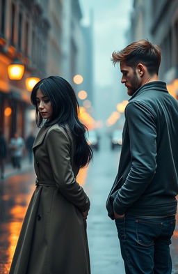 A poignant scene of a couple standing apart on a rainy street, expressing the bittersweet emotions of parting for good