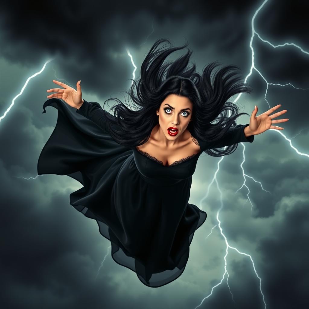 Morticia Addams, a strikingly beautiful woman with long black hair, blue eyes, and vivid red lips, is depicted falling from a stormy sky