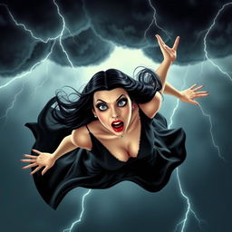 Morticia Addams, a strikingly beautiful woman with long black hair, blue eyes, and vivid red lips, is depicted falling from a stormy sky