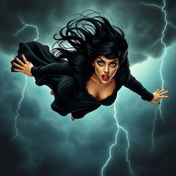 Morticia Addams, a strikingly beautiful woman with long black hair, blue eyes, and vivid red lips, is depicted falling from a stormy sky