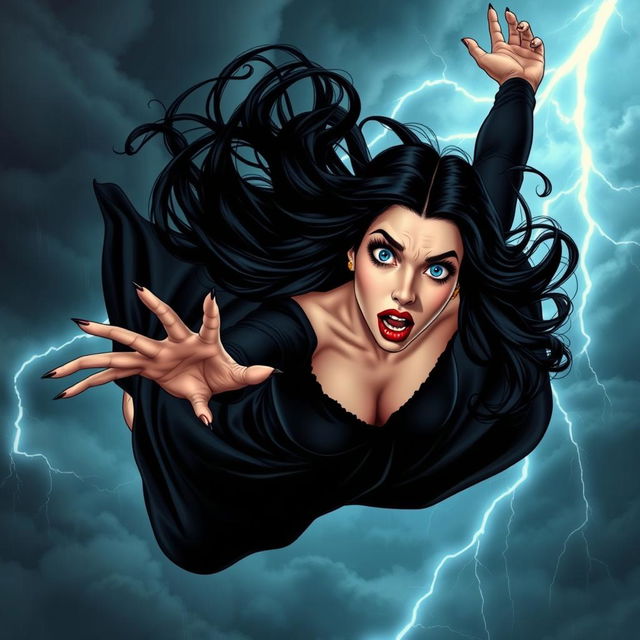 Morticia Addams, a strikingly beautiful woman with long black hair, blue eyes, and vivid red lips, is depicted falling from a stormy sky