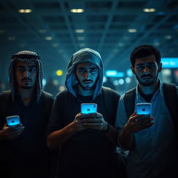 Three young men of Egyptian descent, appearing impoverished and not in traditional Arab attire, are at an airport looking fearful and anxious