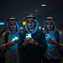 Three young men of Egyptian descent, appearing impoverished and not in traditional Arab attire, are at an airport looking fearful and anxious