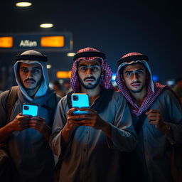 Three young men of Egyptian descent, appearing impoverished and not in traditional Arab attire, are at an airport looking fearful and anxious