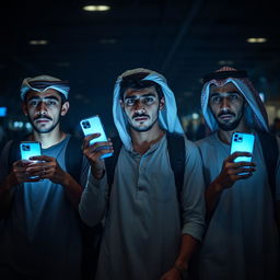 Three young men of Egyptian descent, appearing impoverished and not in traditional Arab attire, are at an airport looking fearful and anxious