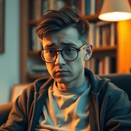 A small man with distinctive comma-shaped hair, wearing round glasses, sitting alone with a melancholic expression