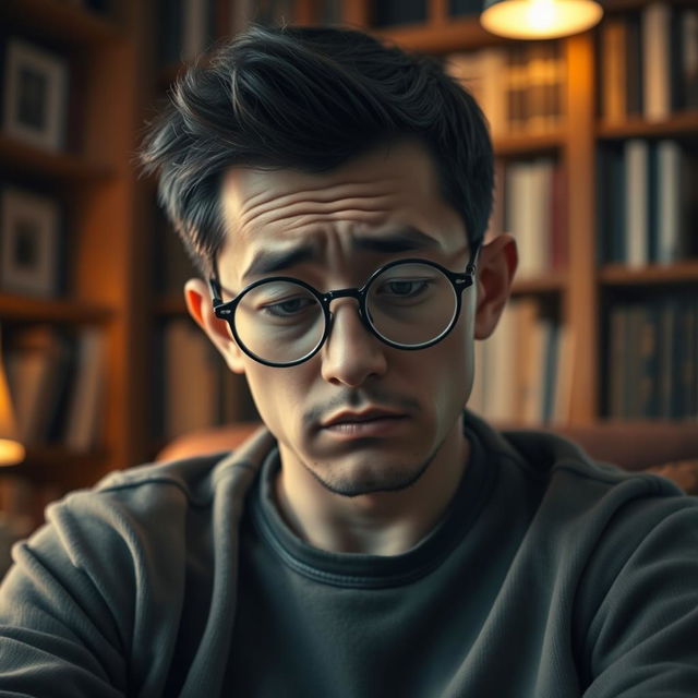 A small man with distinctive comma-shaped hair, wearing round glasses, sitting alone with a melancholic expression