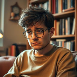 A small man with distinctive comma-shaped hair, wearing round glasses, sitting alone with a melancholic expression