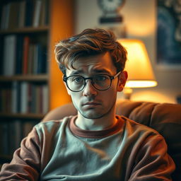 A small man with distinctive comma-shaped hair, wearing round glasses, sitting alone with a melancholic expression