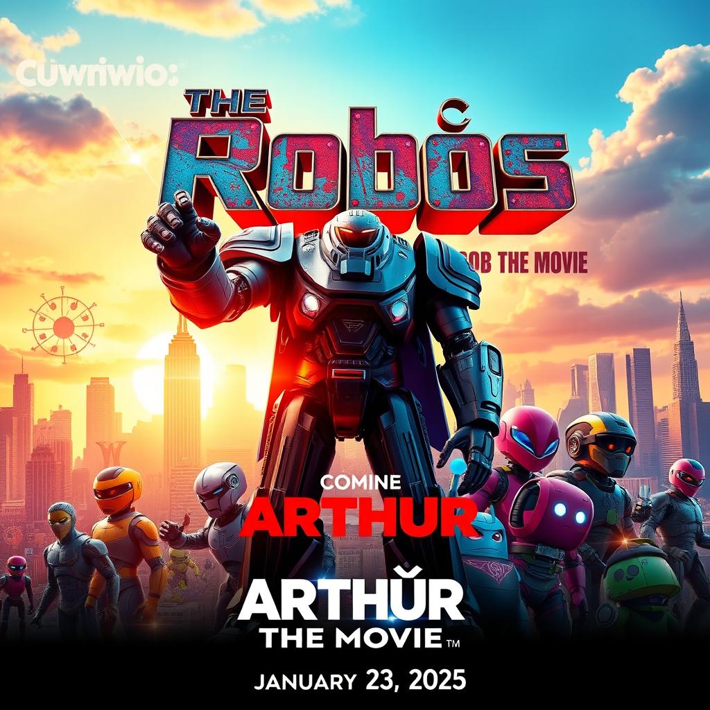 A vibrant movie poster for 'The Robôs Arthur The Movie', showcasing an epic sci-fi adventure