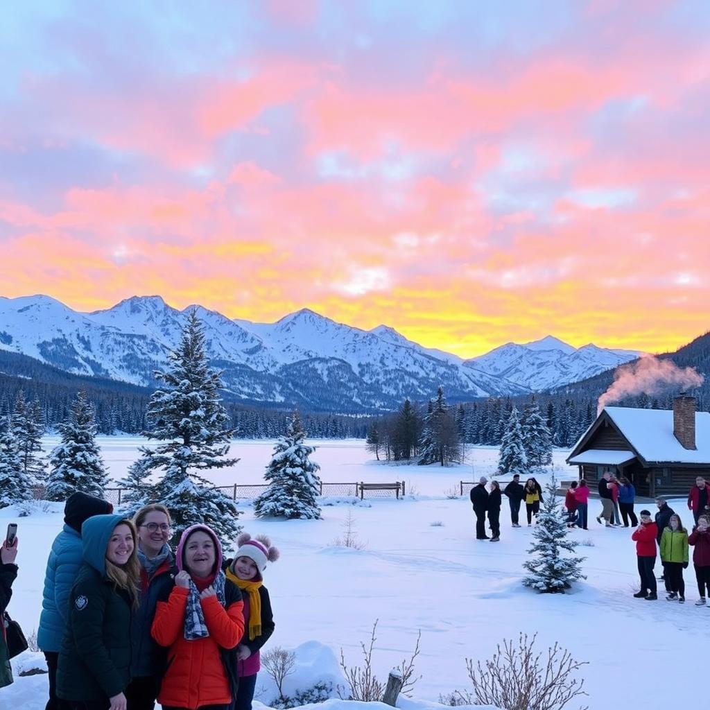 A beautiful winter sunset scene with snow-covered mountains in the background and a frozen lake in the foreground