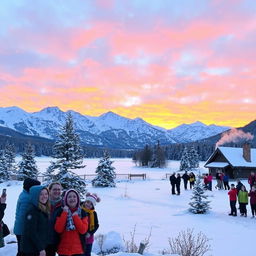 A beautiful winter sunset scene with snow-covered mountains in the background and a frozen lake in the foreground