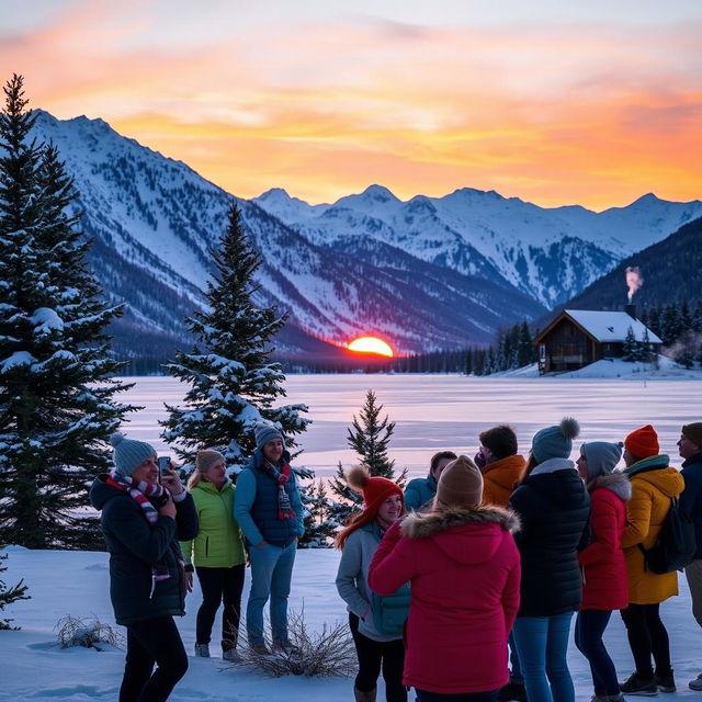 A beautiful winter sunset scene with snow-covered mountains in the background and a frozen lake in the foreground