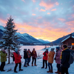 A beautiful winter sunset scene with snow-covered mountains in the background and a frozen lake in the foreground