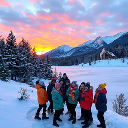A beautiful winter sunset scene with snow-covered mountains in the background and a frozen lake in the foreground