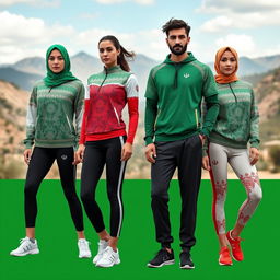 A stylish collection of women's and men's sportswear inspired by the Iranian flag, showcasing its striking colors of green, white, and red in modern patterns