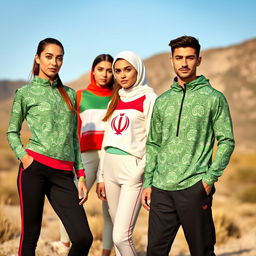A stylish collection of women's and men's sportswear inspired by the Iranian flag, showcasing its striking colors of green, white, and red in modern patterns