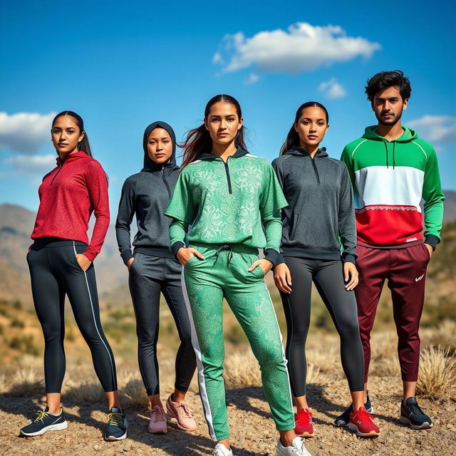 A stylish collection of women's and men's sportswear inspired by the Iranian flag, showcasing its striking colors of green, white, and red in modern patterns