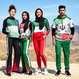 A stylish collection of women's and men's sportswear inspired by the Iranian flag, showcasing its striking colors of green, white, and red in modern patterns