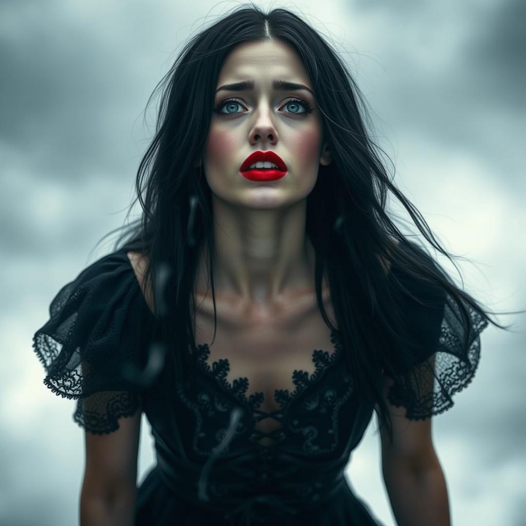 A beautiful, pale woman with striking black hair, featuring piercing blue eyes and bold red lips, is captured mid-fall from a darkened sky