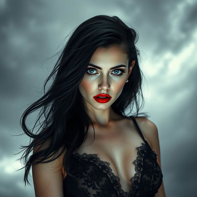 A beautiful, pale woman with striking black hair, featuring piercing blue eyes and bold red lips, is captured mid-fall from a darkened sky