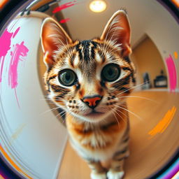 A close-up image of a cat looking directly at the camera through a mirror