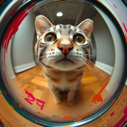 A close-up image of a cat looking directly at the camera through a mirror